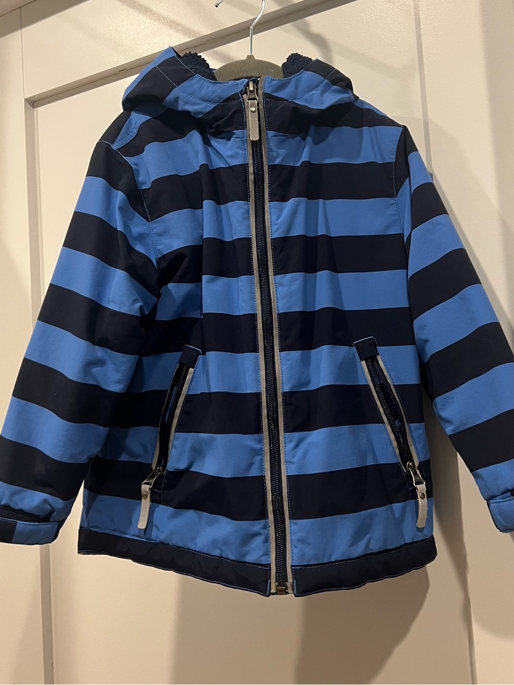 Hanna Andersson Boys Striped Winter Coat Blue Navy Size 5 Fleece Lined Hood